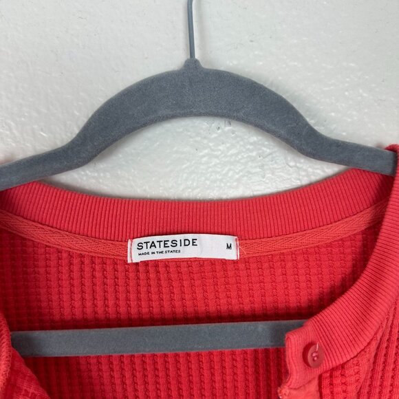 Stateside Red Waffle Knit Ribbed Long Sleeve Top M Henley Soft Stretchy - Picture 3 of 9